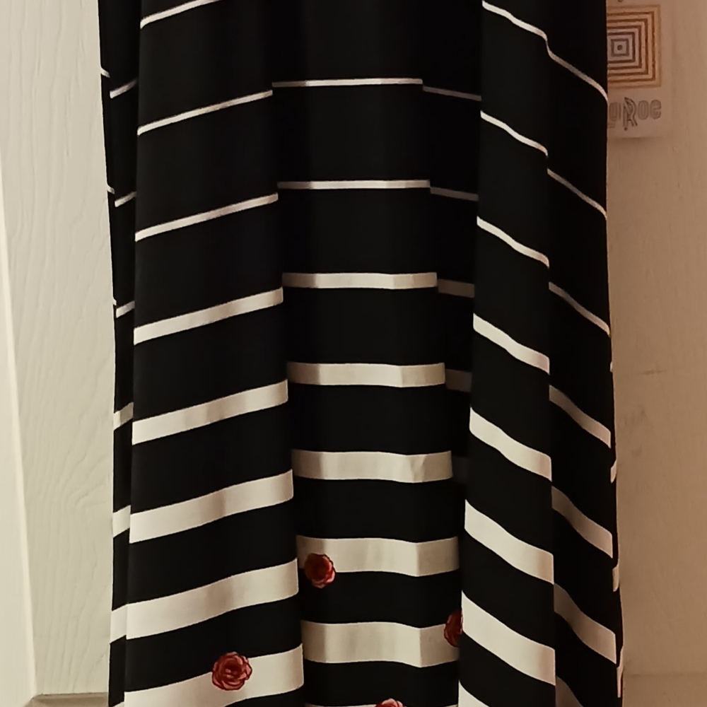 Black and White Striped Skirt with Red Rose Accents